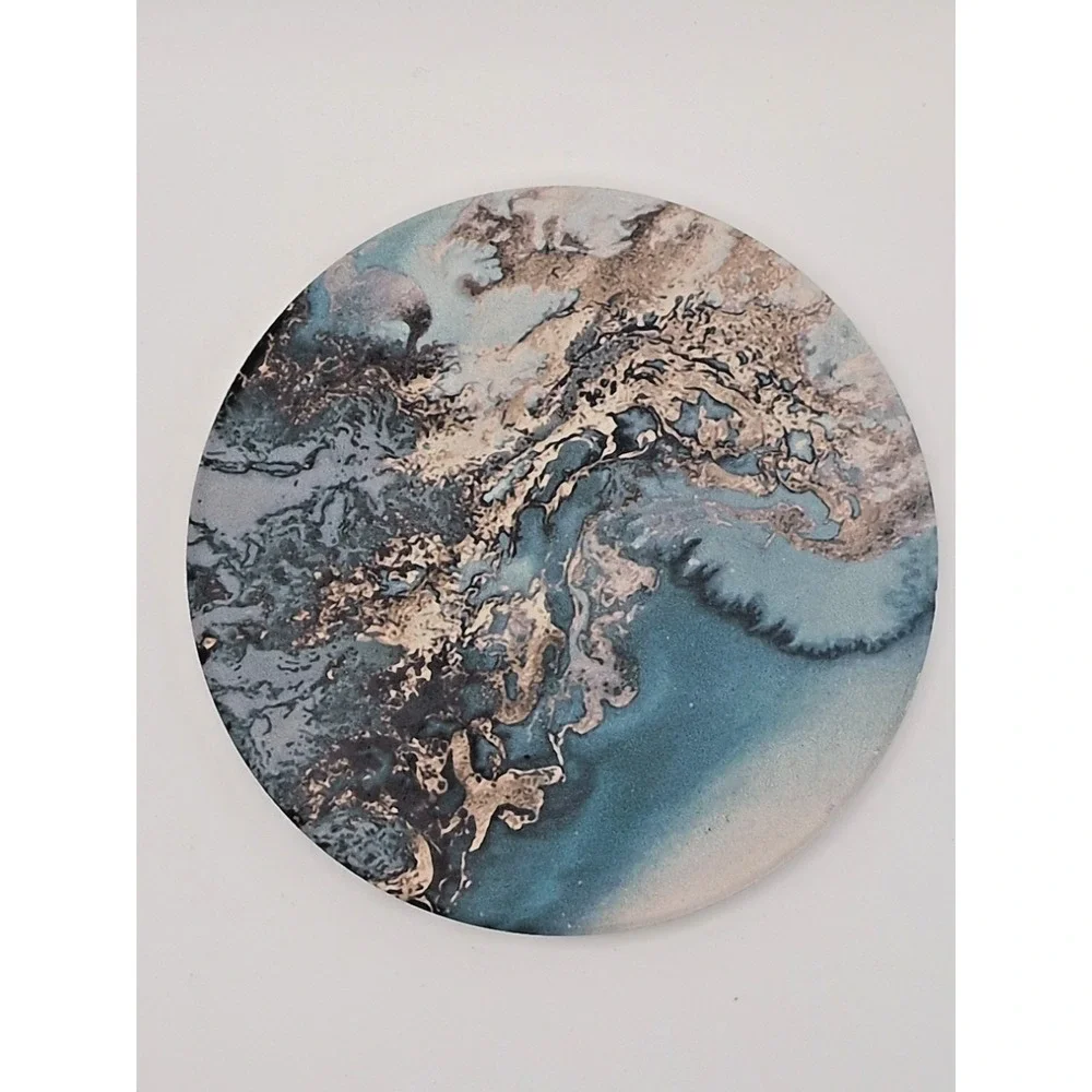Set of 4 Abstract Coastal Marble Pattern Coasters Teal Blue Gold Cork Backing